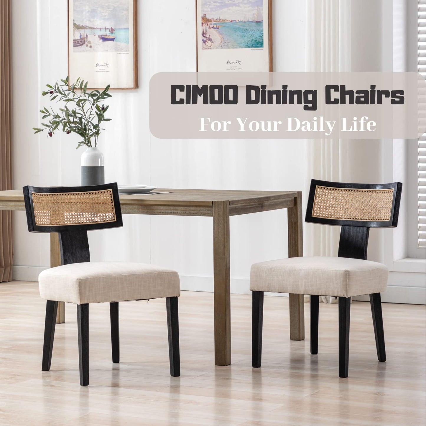 CIMOO Mid Century Modern Dining Chairs Set of 2 Linen Upholstered Dining Chairs Farmhouse Dining Room Chairs with Rattan Back Wood Legs, Beige and Black - WoodArtSupply