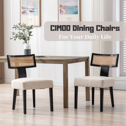 CIMOO Mid Century Modern Dining Chairs Set of 2 Linen Upholstered Dining Chairs Farmhouse Dining Room Chairs with Rattan Back Wood Legs, Beige and Black - WoodArtSupply