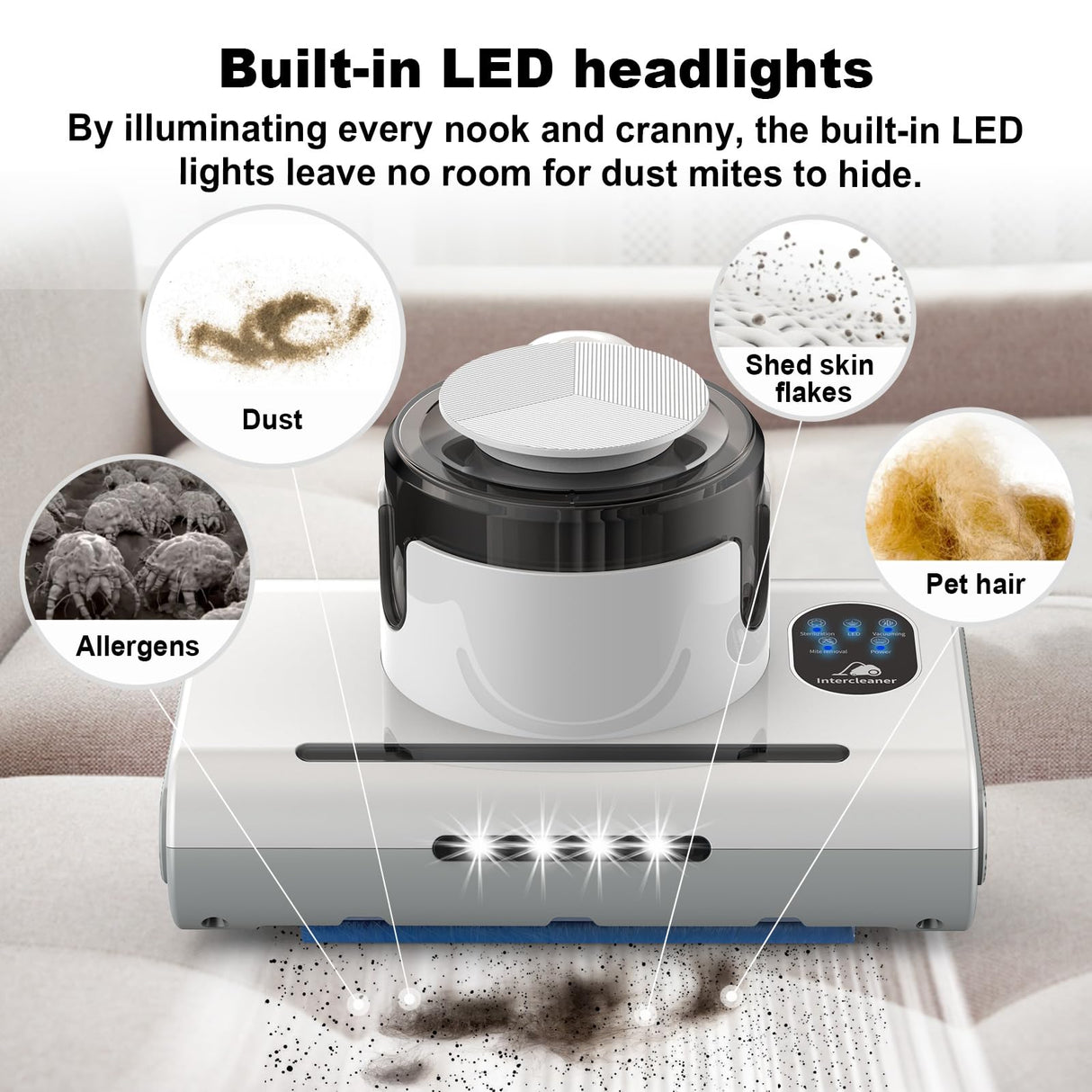 Mattress Vacuum Cleaner,13Kpa Powerful Suction Bed Vaccum Cleaner with UV-C Light,LED Headlights and High Heating Tech,1.2kg Light Weight Handheld vaccum for spot Cleaning,Sofa,Couch Fabric Cleaner Intercleaner