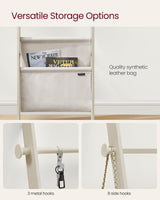 VASAGLE Blanket Ladder for Living Room, 5-Tier Wooden Ladder Shelf, Decorative Farmhouse Blanket Rack with Synthetic Leather Bag, Metal Hooks, Side Hooks, for Bedroom, Cream White ULLS022W01 VASAGLE