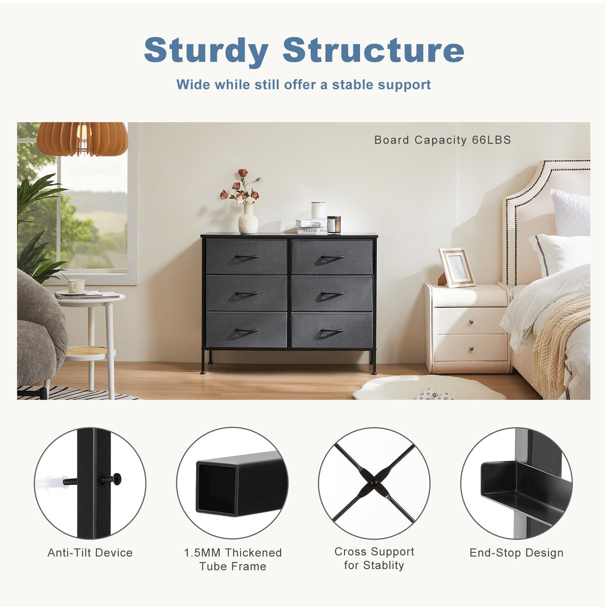 DUMOS TV Stand for Living Room, Dresser for Bedroom Chest of Dresser with 6 Fabric Drawers Storage Organizers Units, Nightstand for Bed DUMOS
