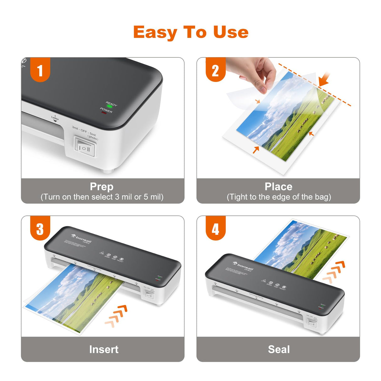 Bonsaii Laminator Machine, 9 Inch Laminators Machine with 50 Laminating Sheets, Laminator with Never Jam Technology for Doc/Posters/Photo, Simple Convenient for Home, Office and School - L418-C Grey bonsaii