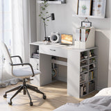 Giantex Craft Table with Storage, 53'' Artwork Sewing Table with 14 Cube Storage Shelves, Large Drawer, Cabinet with 2 Shelves, 36'' Counter Height Sewing Workstation White Drafting Writing Desk Giantex