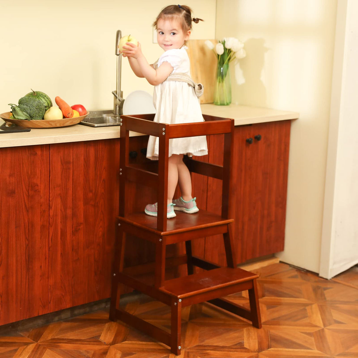 Kids Kitchen Step Stool for Kids with Safety Rail,Solid Wood Construction Toddler Learning Stool, Montessori Toddlers Kitchen Stool Tower (Walnut) Wiifo