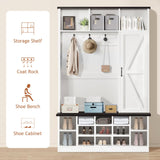 4ever2buy 79 Inch Hall Tree with Bench and Shoe Storage, Farmhouse Hall Tree with Coat Rack, White Entryway Bench with Barn Door and Adjustable Shoe Cubbies, Mudroom Hall Tree with 3-Tier Cabinet 4ever2buy