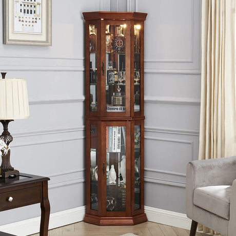 Yone jx je Corner Curio Cabinet with Lights,Bar Storage Cabinet, Adjustable Tempered Glass Shelves, Mirrored Back, Display Cabinet,Walnut (E26 Light Bulb not Included) Yone jx je