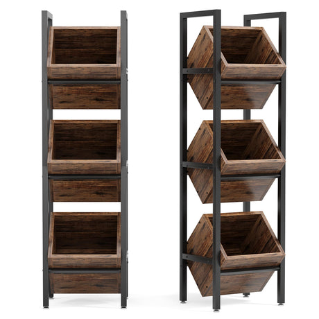 LITTLE TREE 3-Tier Basket Stand, Wooden Floor Stand Shelving Unit, Rustic Standing Organizer Storage Rack for Kitchen, Bathroom, Living Room LITTLE TREE