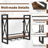 Giantex Industrial Wall Mounted Wine Rack, 2-Tier Metal Hanging Wine Bottle Glass Rack with 14-Bottle & 12-Mug Holders, Wall Wine Floating Shelves for Home Bar, Kitchen, Dining Room, Rustic Brown Giantex