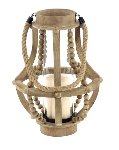 Deco 79 Farmhouse Recycled Wood Candle Lantern, 10" x 10" x 16", Beige, Black, Clear Deco 79