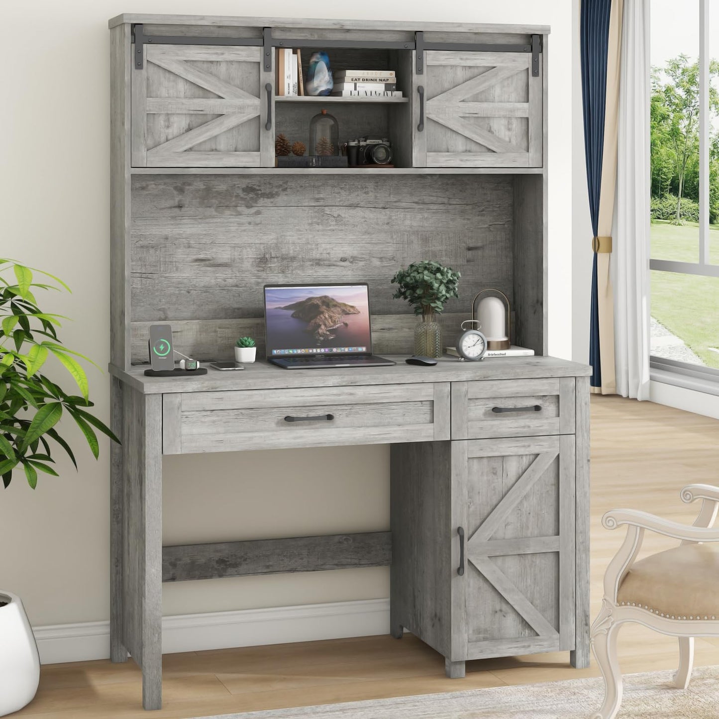 Halitaa Farmhouse 47'' Executive Desk, I-Shape Desk with 3 Drawers, 2 Cabinets, Gray Oak, for Home Office - WoodArtSupply