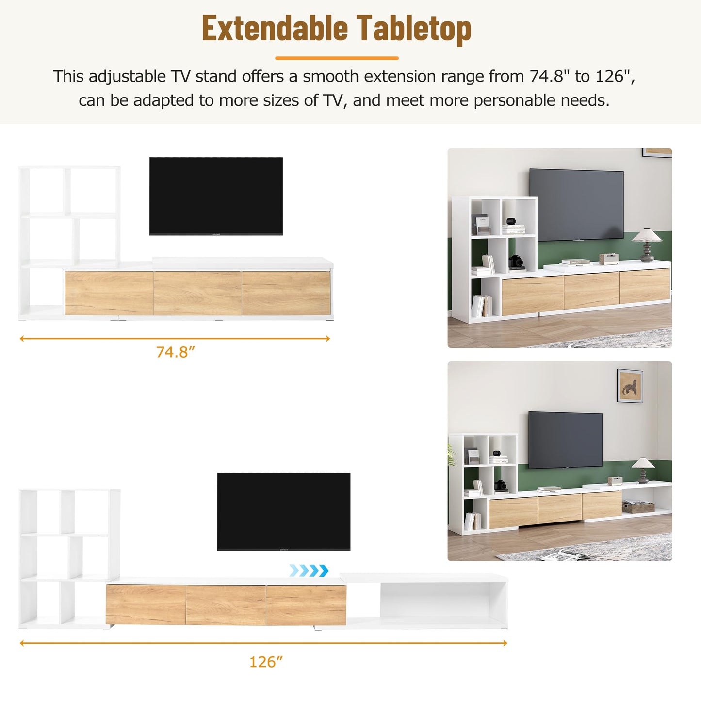 THINK 30 74.8''-126'' Extendable TV Stand with 3 Tier Bookshelves for TVs up to 110'', Adjustable Entertainment Center with Storage Cabinets, Sliding Tabletop Media Console for Living Room, White