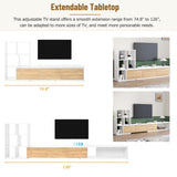 THINK 30 74.8''-126'' Extendable TV Stand with 3 Tier Bookshelves for TVs up to 110'', Adjustable Entertainment Center with Storage Cabinets, Sliding Tabletop Media Console for Living Room, White THINK 30