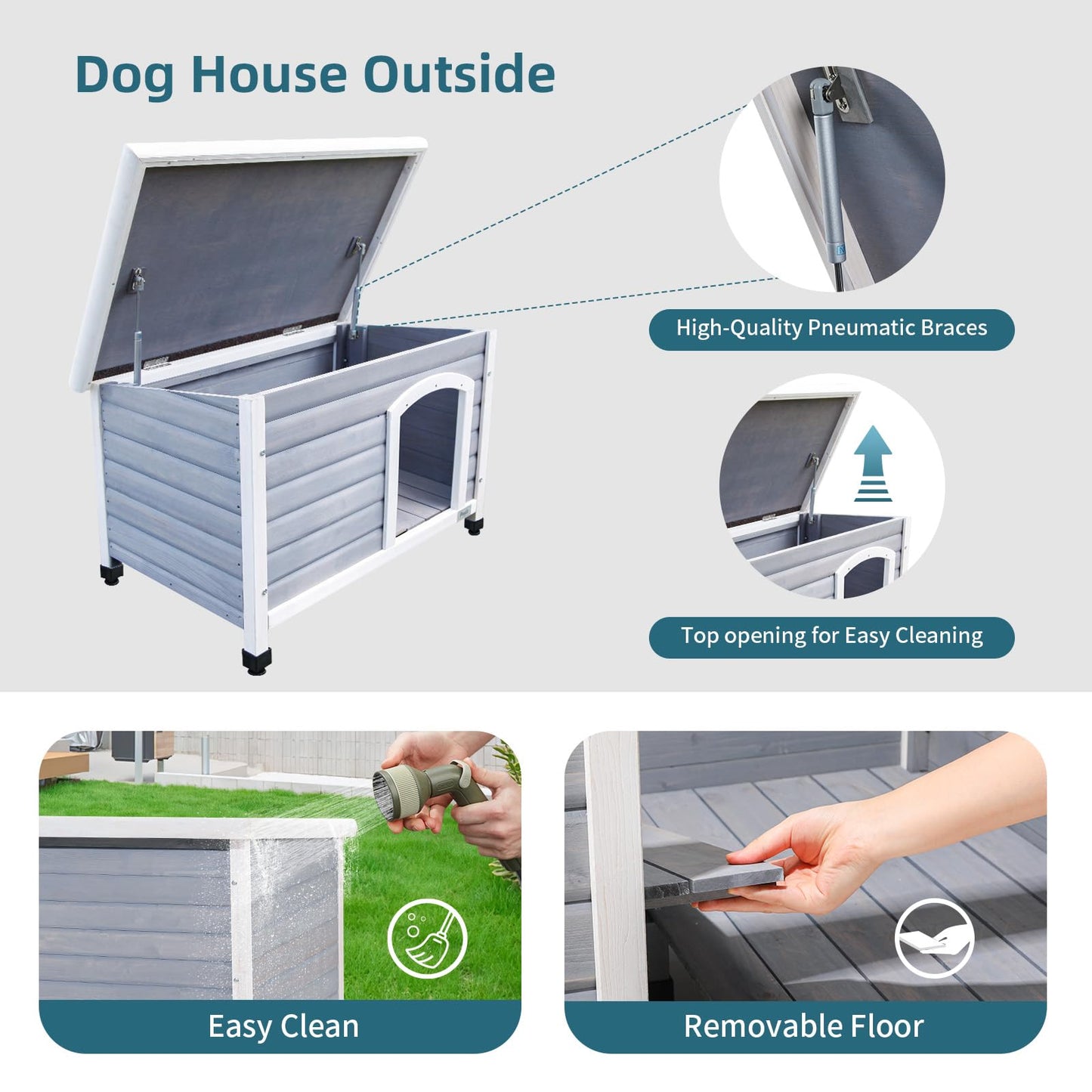 Petsfit Wooden Dog House,Outdoor Pet Kennel, Solid Wood, Weather Proof, Light Grey, Medium/40.8 X 26 X 27.6 Inch - WoodArtSupply