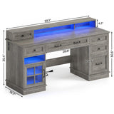 BTHFST Farmhouse Executive Desk with File Drawer, Computer Desk with Charging Station & LED Lights, Home Office Desk with Drawers & Storage Cabinet, Executive Office Desk with Monitor Stand, Grey BTHFST