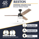 Prominence Home Reston, 48 Inch Modern Farmhouse LED Ceiling Fan with Light, Pull Chain, Dual Mounting Options, Dual Finish Blades, Reversible Motor - 51588-01 (Bronze) Prominence Home