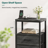 Huuger Nightstand with Charging Station, Side Table with Fabric Drawers, End Table with Open Shelf, Bedside Table with USB Ports and Outlets, Night Stand for Bedroom, Charcoal Black Wood Grain Print Huuger