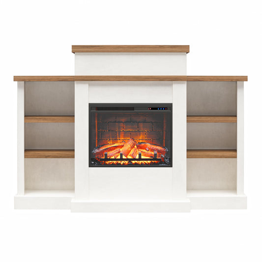 Ameriwood Home Gateswood 64 Inch Electric Fireplace with Mantel, Replaceable Fireplace Insert Heater, Shelves, Remote Control, Timer, Realistic Log and Flame Effect, Plaster