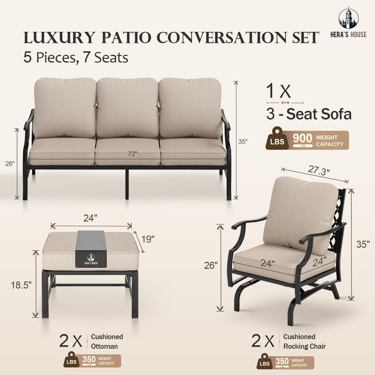 HERA'S HOUSE 5 Pieces Patio Furniture Set, 2 x Cushioned Rocking Chair, 2 x Ottoman, 1 x 3-Seat Sofa, All Cushioned 7 Seats Outdoor Conversation Set for Lawn Garden Backyard HERA'S HOUSE