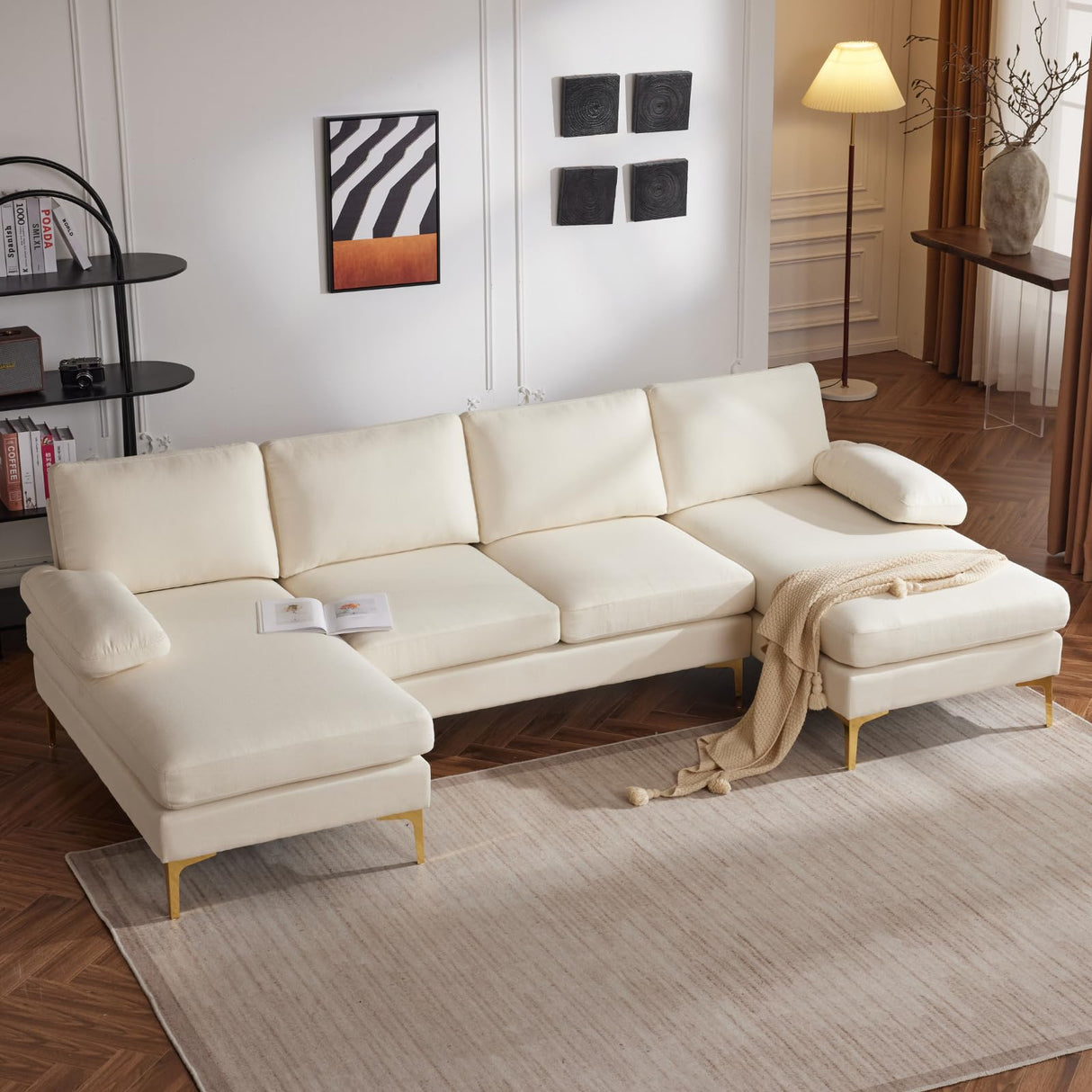 Karl home Convertible Sectional Sofa 110" U-Shape Sofa Couch 4-Seat Couch with Chaise Fabric Upholstered for Living Room, Apartment, Office, Beige Karl home