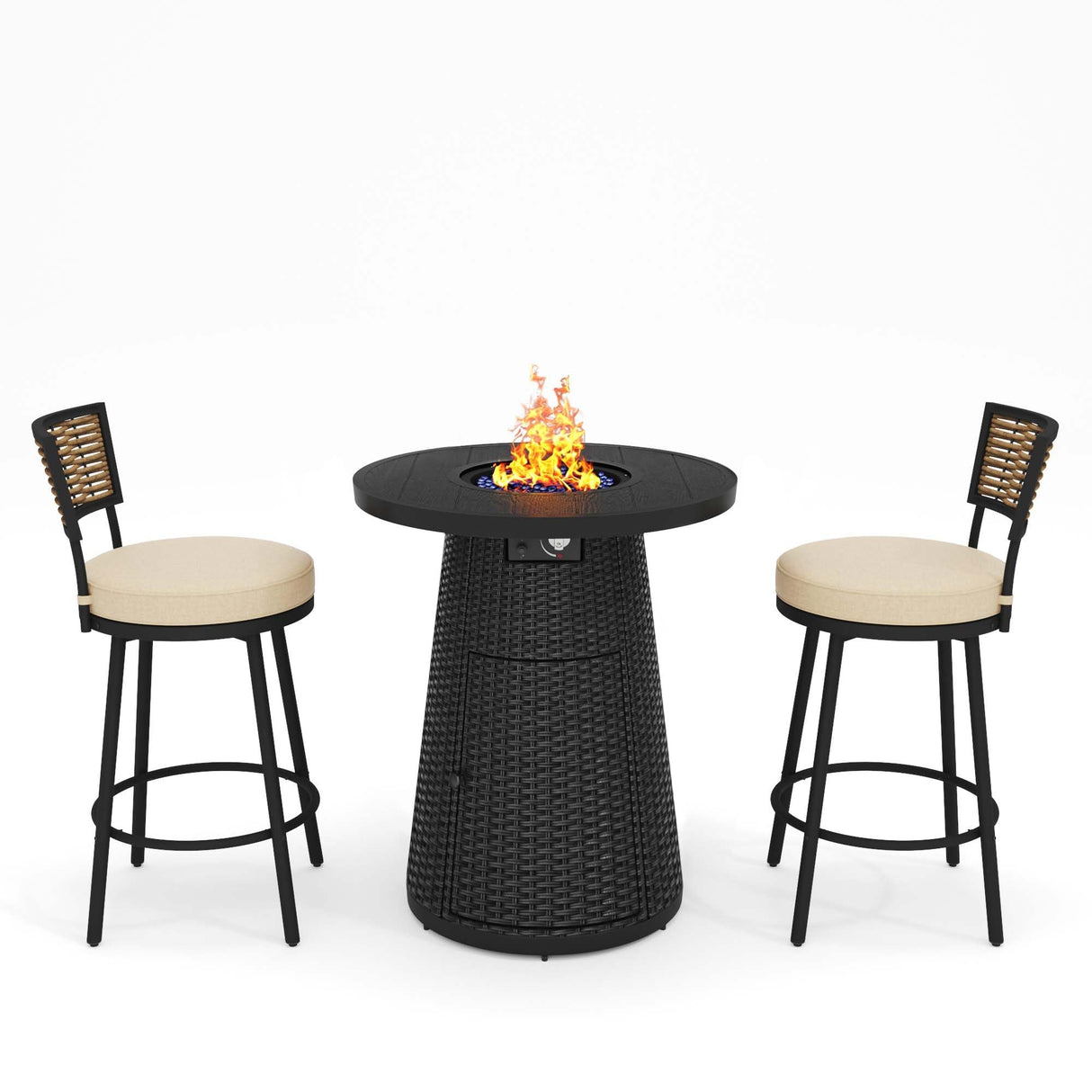 PIZZELLO 3 Pieces Outdoor Patio Furniture Set w/ 37" Propane Fire Table and 2 Swivel Barstools Chairs Outdoor Wicker Rattan Conversation Sets of 3 for Outside Porch, Balcony (Black) PIZZELLO
