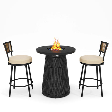 PIZZELLO 3 Pieces Outdoor Patio Furniture Set w/ 37" Propane Fire Table and 2 Swivel Barstools Chairs Outdoor Wicker Rattan Conversation Sets of 3 for Outside Porch, Balcony (Black) PIZZELLO