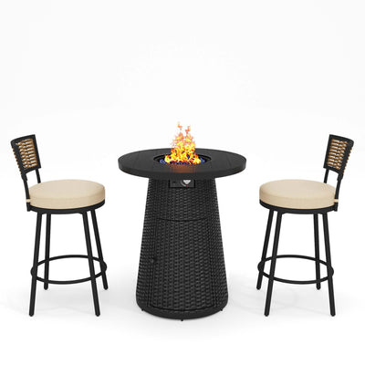 PIZZELLO 3 Pieces Outdoor Patio Furniture Set w/ 37" Propane Fire Table and 2 Swivel Barstools Chairs Outdoor Wicker Rattan Conversation Sets of 3 for Outside Porch, Balcony (Black)