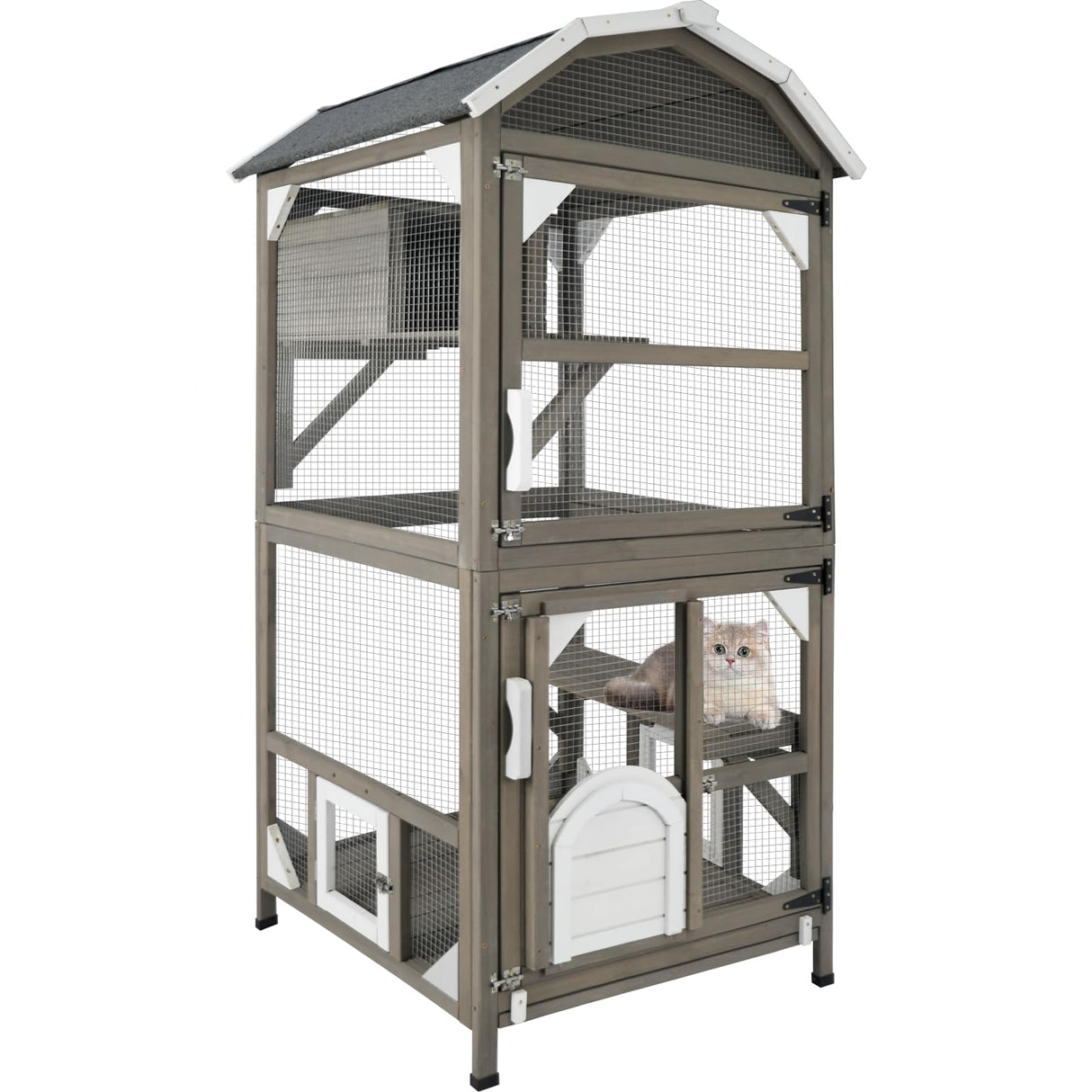 Catio Cat House Outdoor Cat Enclosure Window Large Cat Cage Indoor Outdoor with Multiple Platforms Waterproof Roof and Resting Box Shelter for Stray Kittens (Grey, 29.5" D x 29.5" W x 68.1" H) ketive