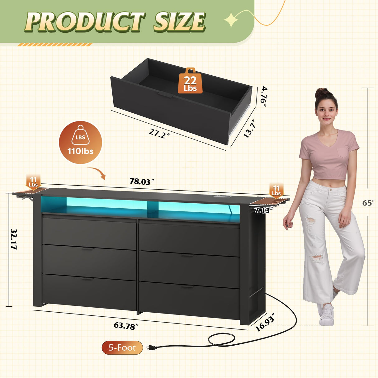 WLIVE 78 Inch Dresser for Bedroom, Large Chest of Drawers Expandable Black Wood Dresser from 5'3" to 6'5'' with Flexible Shelves and Hanging Rack, Led Dressers for Living Room (85'' TV) WLIVE