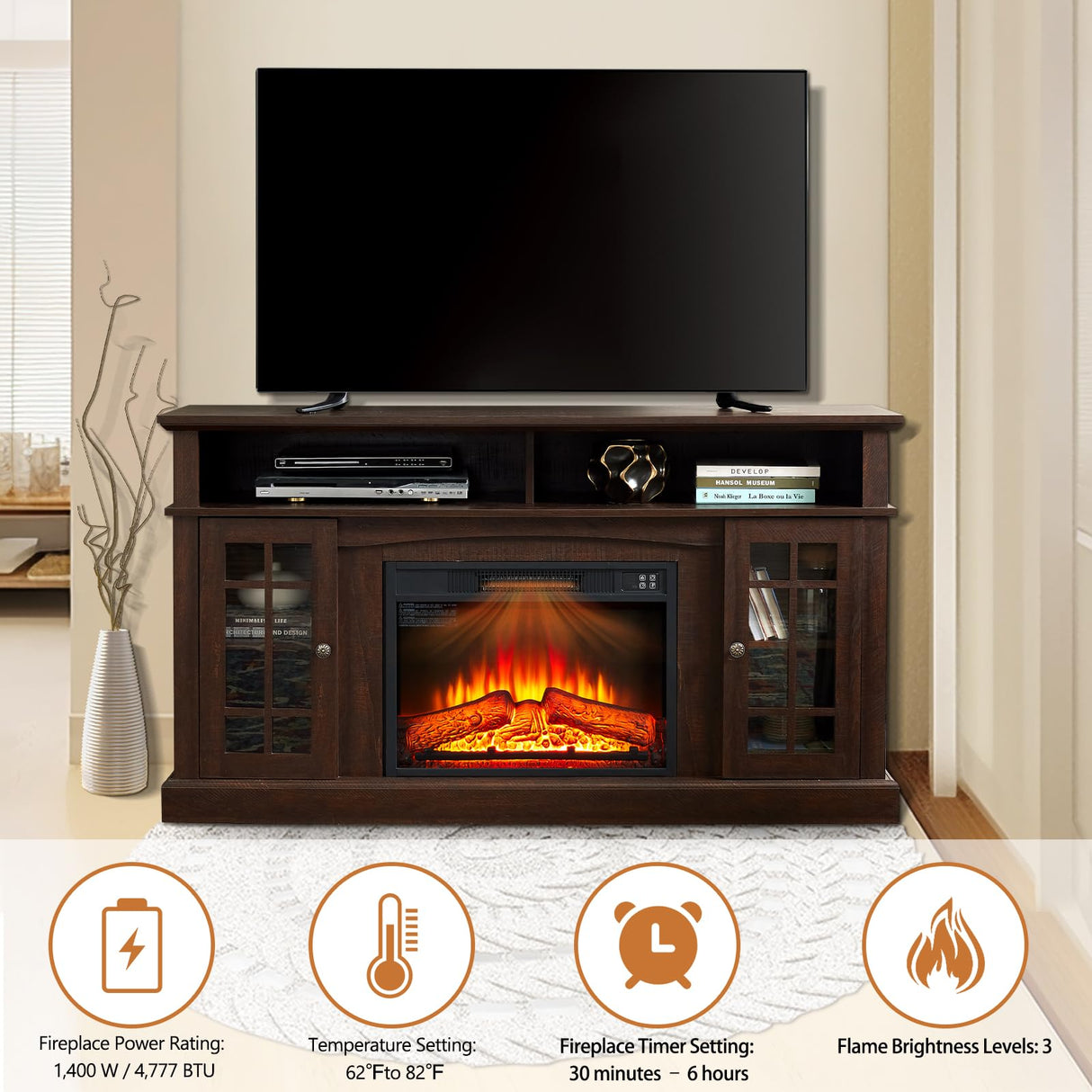 Electric Fireplace TV Stand,Contemporary TV Media Stand,Modern Entertainment Console with 23" Fireplace Inset, TV Media Stand with Storage Space, Media Console for Living Room Bedroom,Espresso Firscook