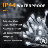 KNONEW 403ft 1000 LED String Lights Outdoor Christmas Lights 8 Modes & Timer Fairy Light Plug in Waterproof LED String Lights for Xmas Yard Tree Wedding Party Holiday Decorations (Cool White) KNONEW