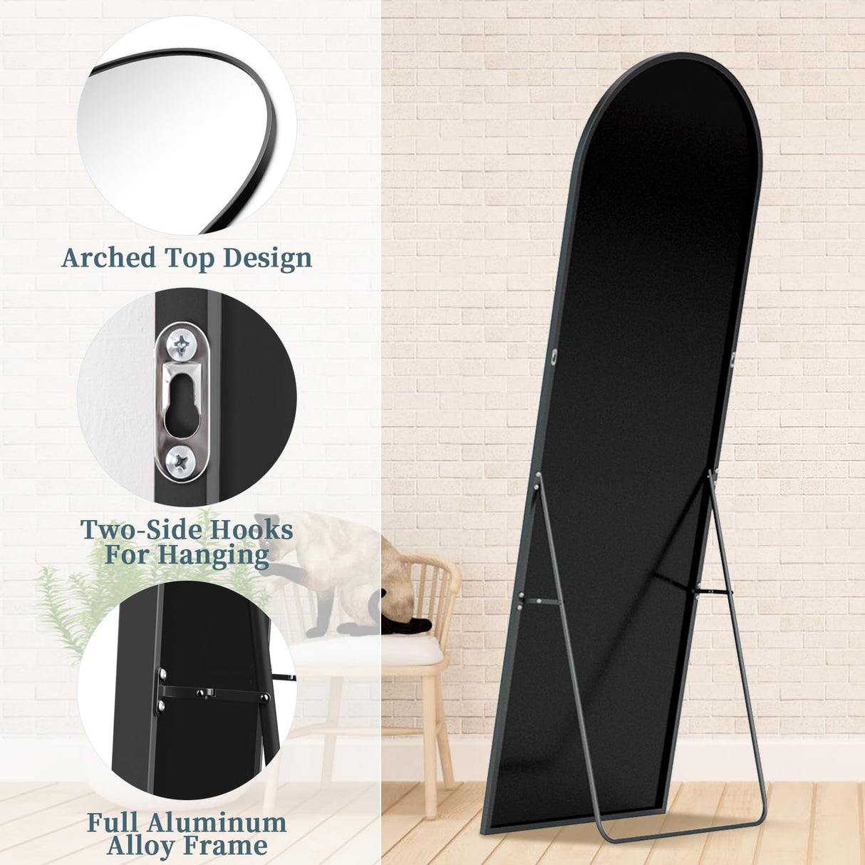 Full Length Mirror with Stand, 58"x18" Arched Full Body Mirror, Large Stand Up Mirror, Aluminum Frame Floor Standing Mirror, Freestanding Hanging Leaning Mounted for Bedroom Living Room Entryway Black Coomily