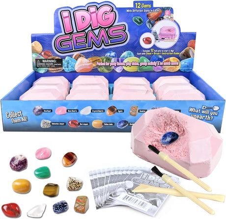 whiriwhiri Gemstone Dig Kit, Dig Up 12 Unique Real Gems, Mineral & Rock Collection Crystals Excavation Kit Discover Digging Excavation Tools Science STEM Educational Toys for Boys & Girls Party Gifts whiriwhiri
