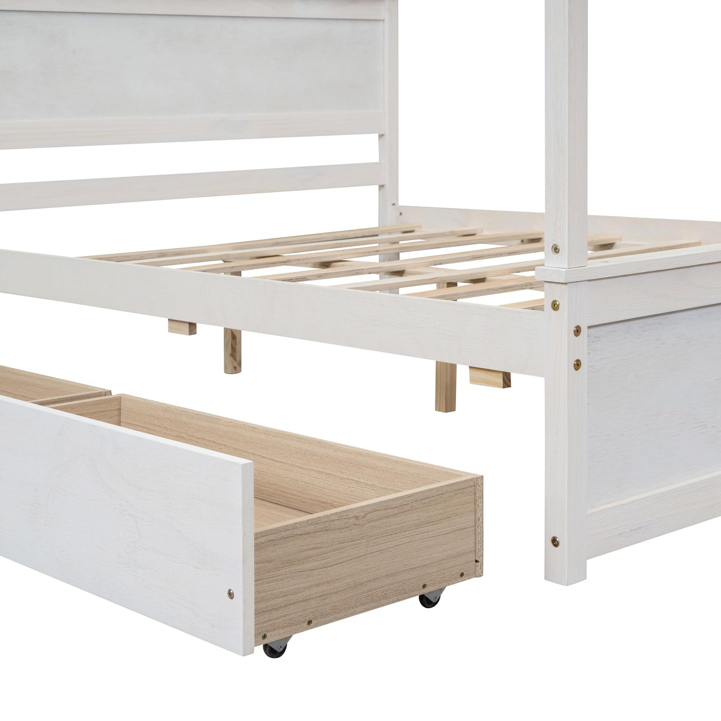 Quarte Canopy Bed, Full Size Canopy Platform Bed with Two Storage Drawers, Wood Bed Frame with Support Slats, Bedroom Furniture for Kids Teens Adults (Brushed White3)