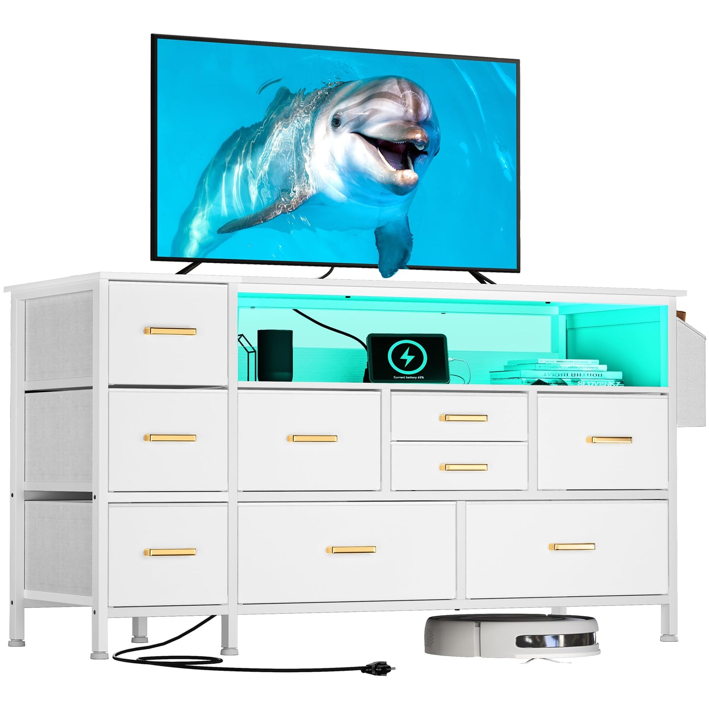 YITAHOME Dresser TV Stand for 55'' TV, 9-Drawer Dresser with Power Outlet and LED Light, Wide Dresser with Metal Handle, White Dresser with Shelves and PU Finish