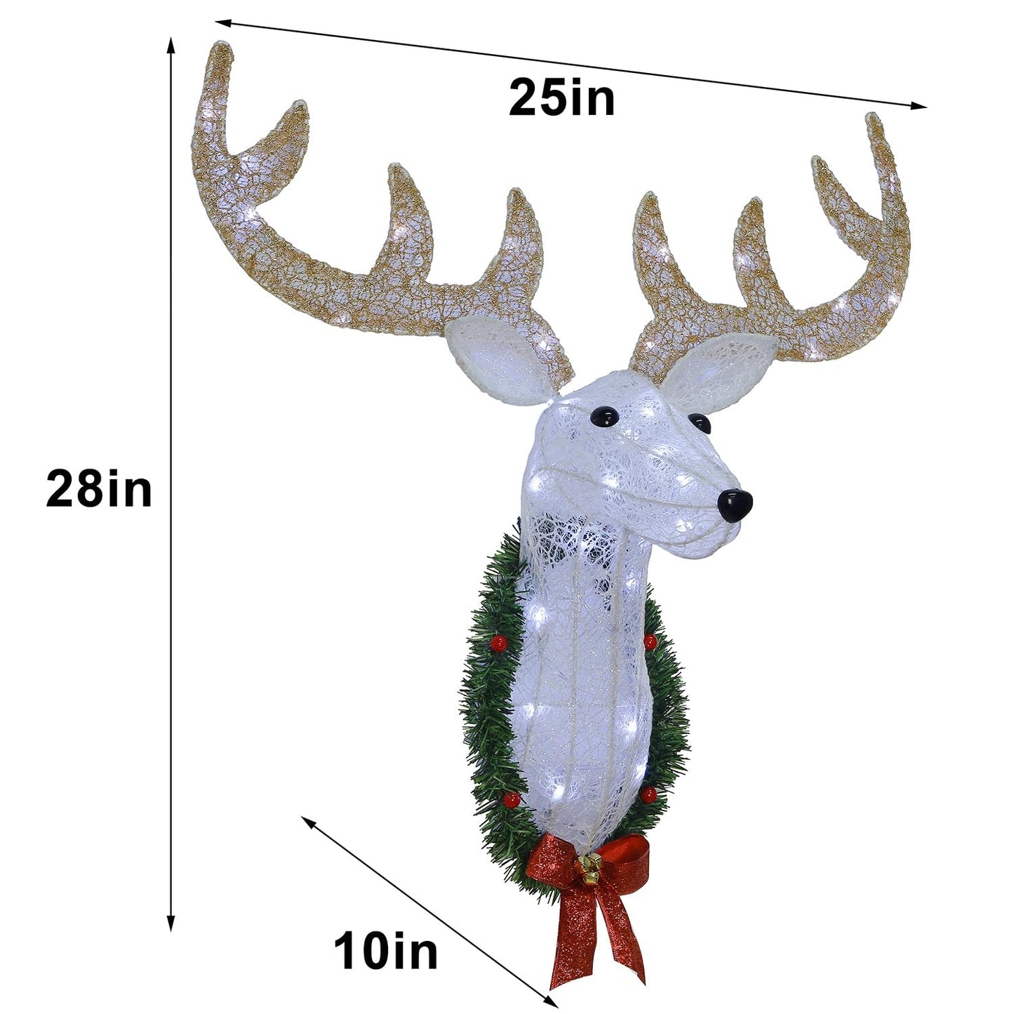 WATERGLIDE Lighted Christmas Wall Decor Reindeer Head, 28" Pre-Lit 3D Rudolph Hanging Wreath with Battery Operated, 8 Modes & Timer, Light Up for Front Door Window Indoor Outdoor Festive Xmas Holiday