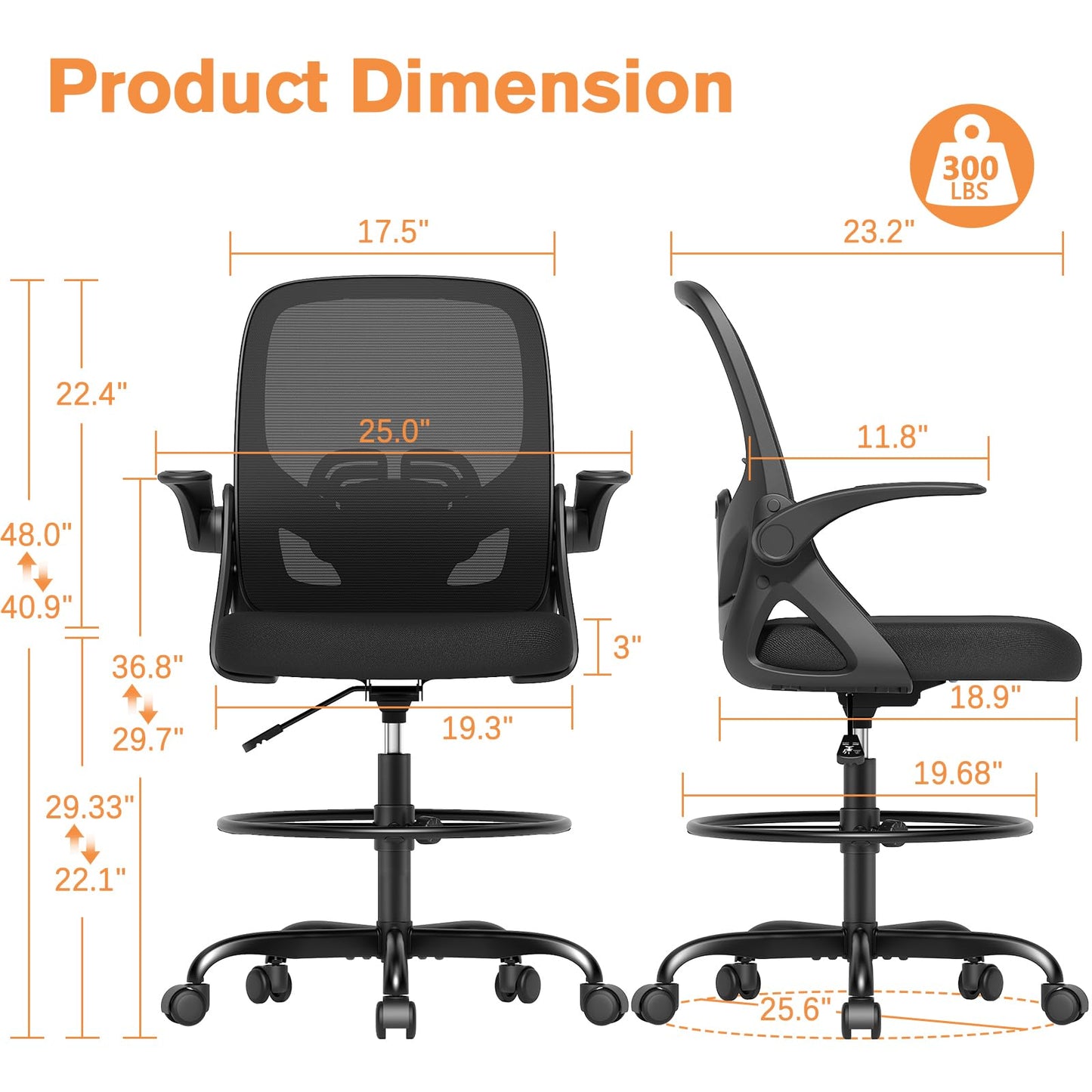 ORRSAKER Tall Drafting Chair with Lumbar Support and Footrest Ring, Supportive Tall Extended Height Ergonomic Desk Chair for Home Work, Breathable Tall Mesh Office Chair with Flip up Arms(Black)