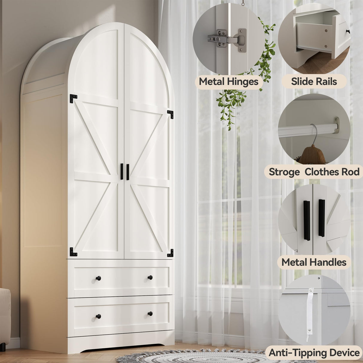 Gyfimoie 74.8" White Armoire Wardrobe Closet with 2 Drawers and 2 Doors, Tall Bedroom Freestanding Armoire Storage Cabinet with Shelves, Wood Large Wardrobe Combination for Hanging Clothes (White) Gyfimoie