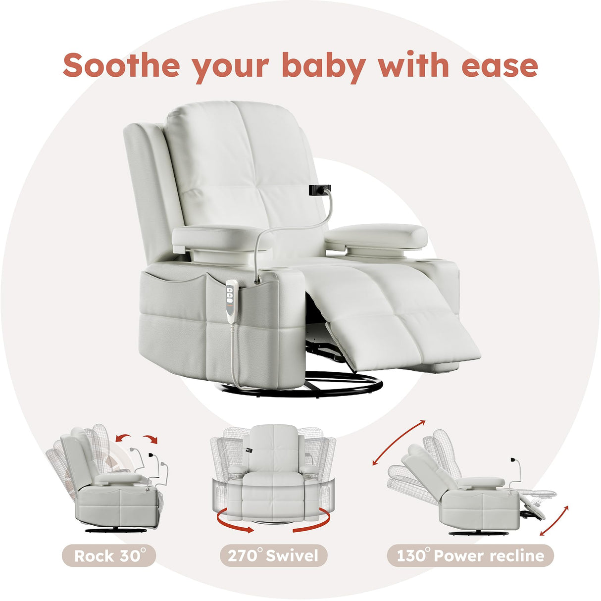 MAMAZING Oversized Rocking Chair Nursery with Adjustable Armrests, Electric Glider Recliner Nursing Chair for Breastfeeding, Power Swivel Recliner Chairs, Oeko-TEX & FSC Certified (Off White) MAMAZING