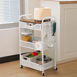 3-Tier Rolling Utility Cart with Wheels - Metal Cart with Wood Tabletop, Slide Drawer and Pegboards & Hooks, Versatile Storage Organizer Cart for Home Office Kitchen, White SNTD