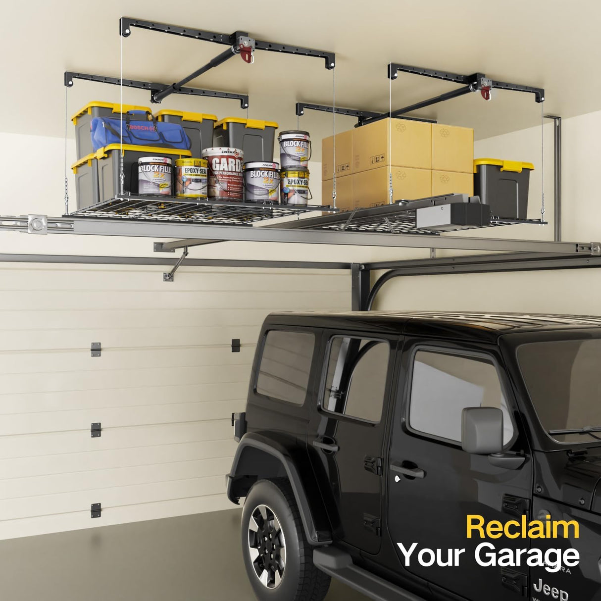 Overhead Garage Storage Rack for 8-10ft Ceiling, Heavy-duty 4x4 FT Garage Ceiling Storage Racks with Safety Lock, Ideal for Storage Mounted Lift System and Storage Organizer, 250lbs Capacity KOKORACKER