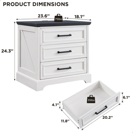 ACCOHOHO Farmhouse Nightstand with Charging Station, 24 Inch Wide End Table with 3 Large Drawers & Bar Handles, Rustic Wood Small Dresser Chest of Drawers for Bedroom, Living Room, Closet, Off White ACCOHOHO