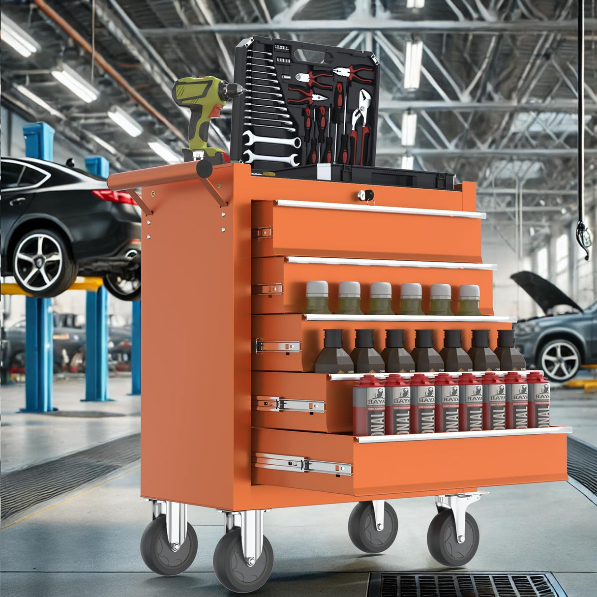 CMFYDAILY 5-Drawers Garage Tool Chest, Large Capacity Tool Cabinet Heavy Duty Mechanic Rolling Tool Box Metal Locking Tool Cart with Drawers and Wheels for Storage CMFYDAILY