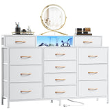 Furnulem White Dresser for Bedroom with LED Lights & Charging Station,55" Long Dressers & Chest of Drawers with 12 Storage Bins, Fabric Furniture for Closet,Hallway,2-Tier Shelf Wood Top,Metal Frame Furnulem