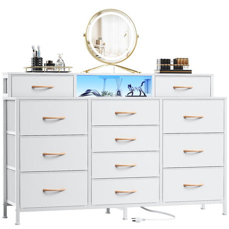 Furnulem White Dresser for Bedroom with LED Lights & Charging Station,55" Long Dressers & Chest of Drawers with 12 Storage Bins, Fabric Furniture for Closet,Hallway,2-Tier Shelf Wood Top,Metal Frame Furnulem