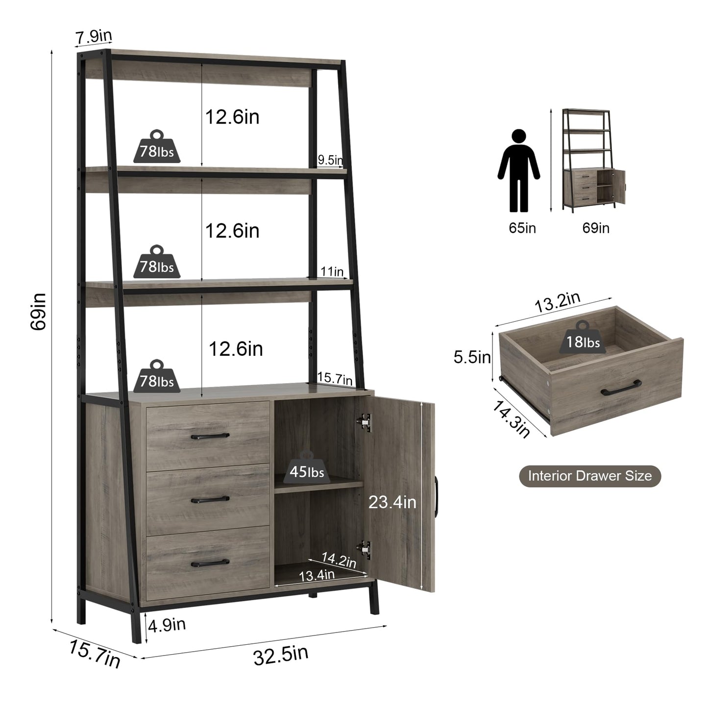 HITHOS 69" Tall Bookshelf, Industrial 4-Tier Bookcase with Wooden Drawers and Ladder Shelves, Free Standing Storage Cabinet Kitchen Bakers Rack with Microwave Oven Stand for Home Office, Ash Grey