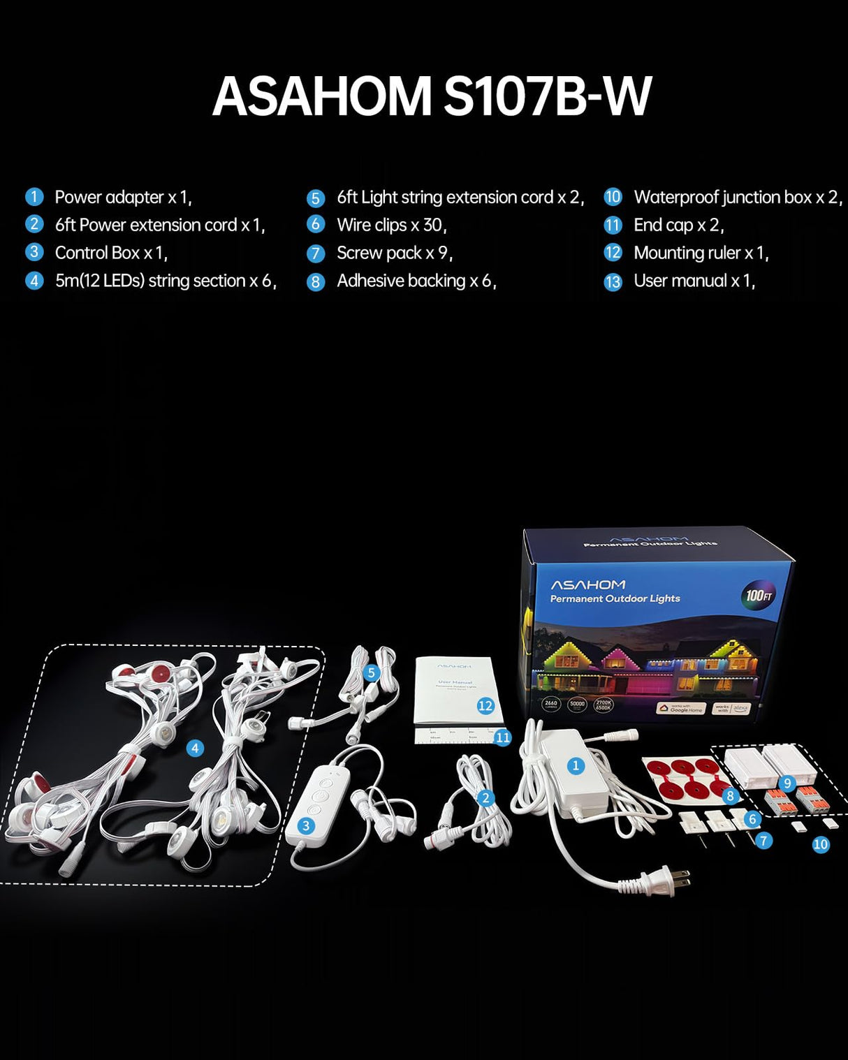 ASAHOM AI Permanent Outdoor Lights S107B, 100FT with 72 RGBCW LED Lights and Dual Output, 30,000 Lighting Effect Combination, IP67 Waterproof for House Halloween Christmas and Daily Decoration, White ASAHOM