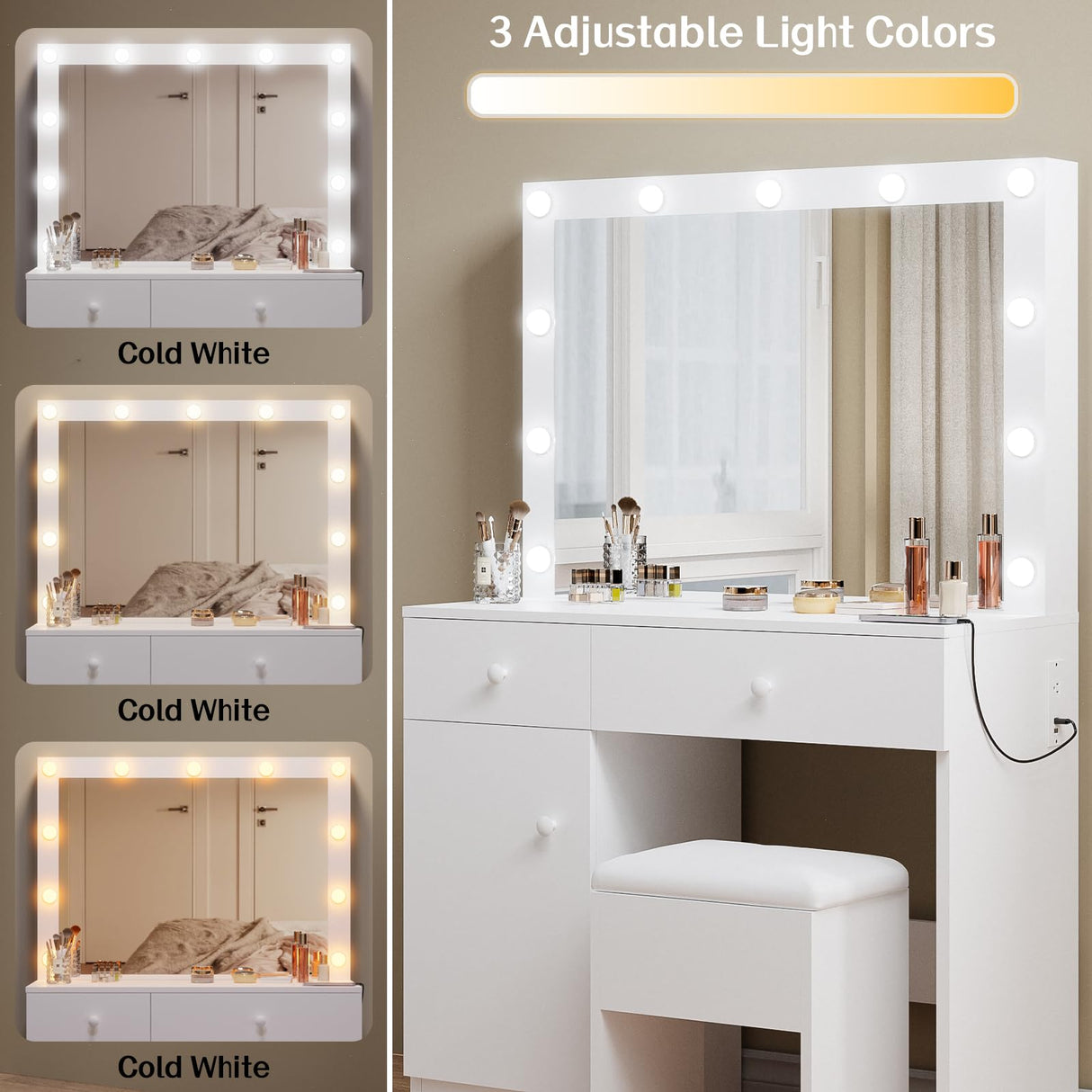 Haewon Makeup Vanity Desk with Lighted Mirror, White Vanity with Chair Power Outlet Drawers Cabinet, Dressing Table Set with 3 Lighting Modes for Bedroom Haewon