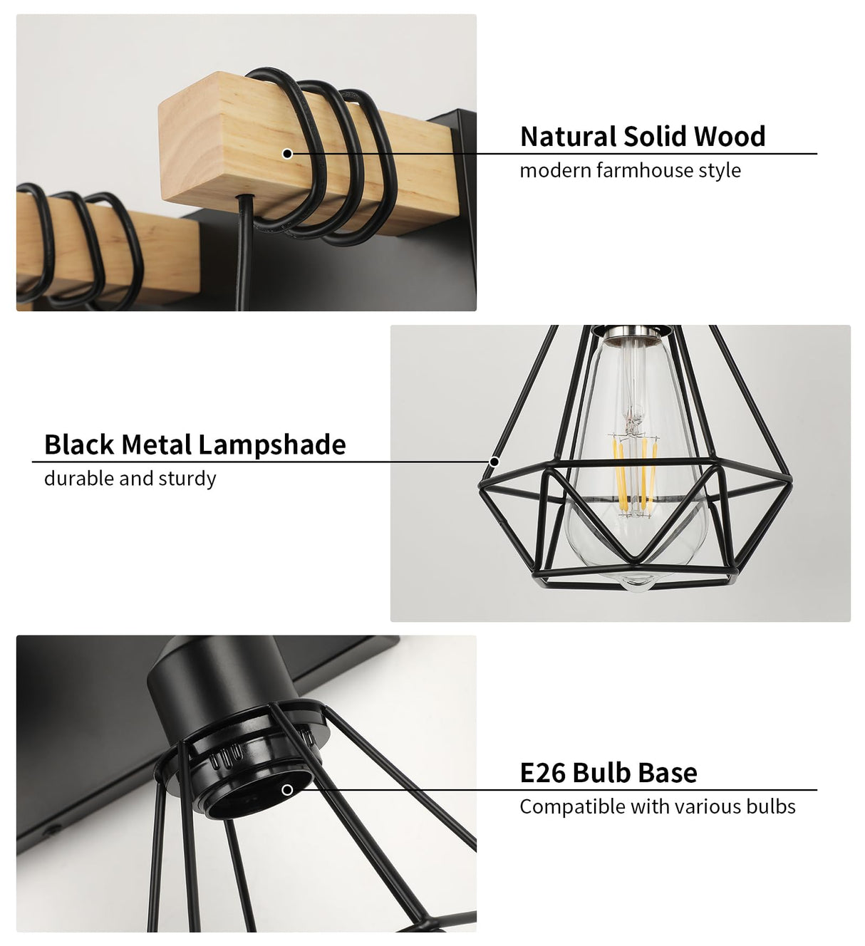 foucasal Farmhouse Bathroom Vanity Light Fixtures, 3-Light Bathroom Light Fixtures Over Mirror, Rustic Wood Sconces with Metal Cage Lampshade, Black Wall Lighting for Living Room, Bedroom, Hallway foucasal