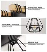 foucasal Farmhouse Bathroom Vanity Light Fixtures, 3-Light Bathroom Light Fixtures Over Mirror, Rustic Wood Sconces with Metal Cage Lampshade, Black Wall Lighting for Living Room, Bedroom, Hallway foucasal