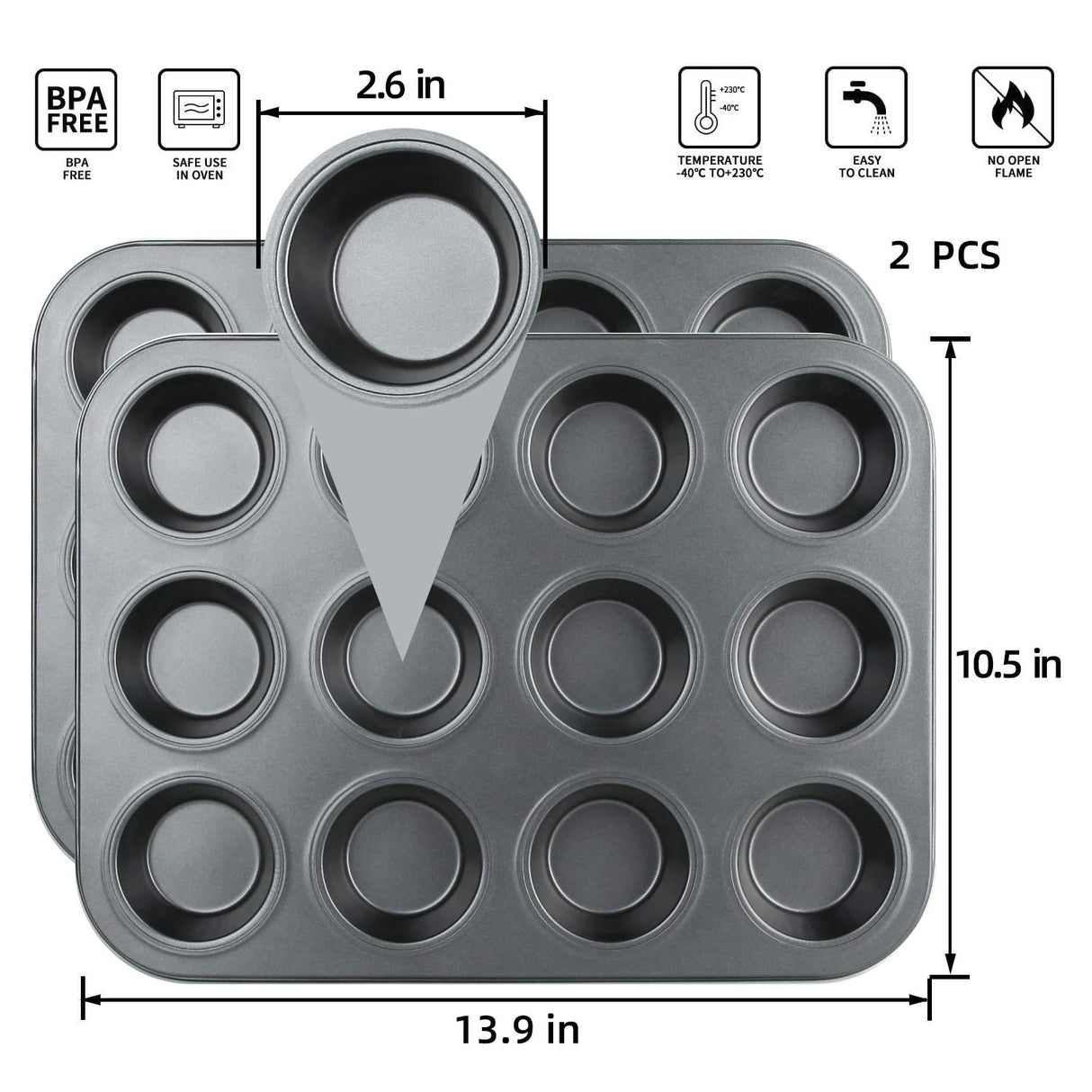 Muffin Pan, 12 Cupcake Pan, 2 Sets of Nonstick Brownie Bakeware Muffin Tin, Cupcake Tray, Baking Pan for Kitchen Oven, Black 13.9 x 10.5 x 1.2 inches Cemueo